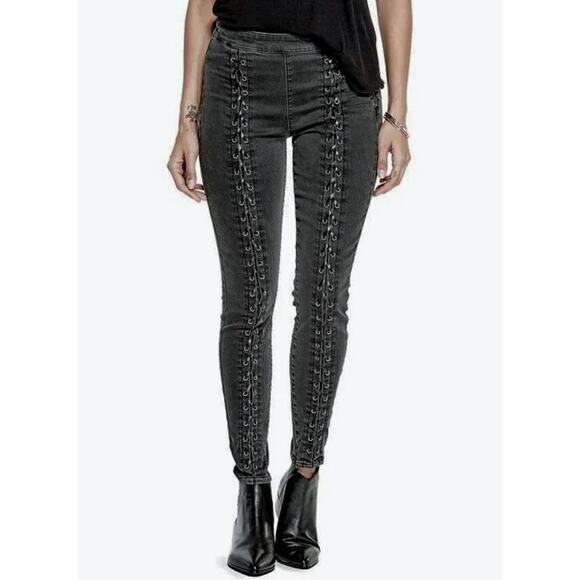 Guess Women's Black Rylee Lace-Up Skinny Jeans - Size 28 - Rock n Roll Punk Goth - Picture 1 of 9